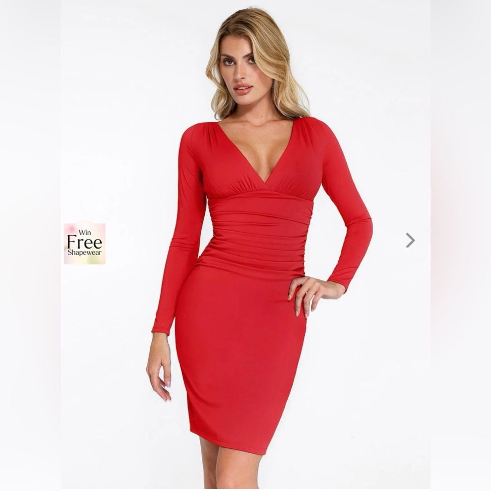 Popilush V-neck ruched long sleeve dress built in shape wear